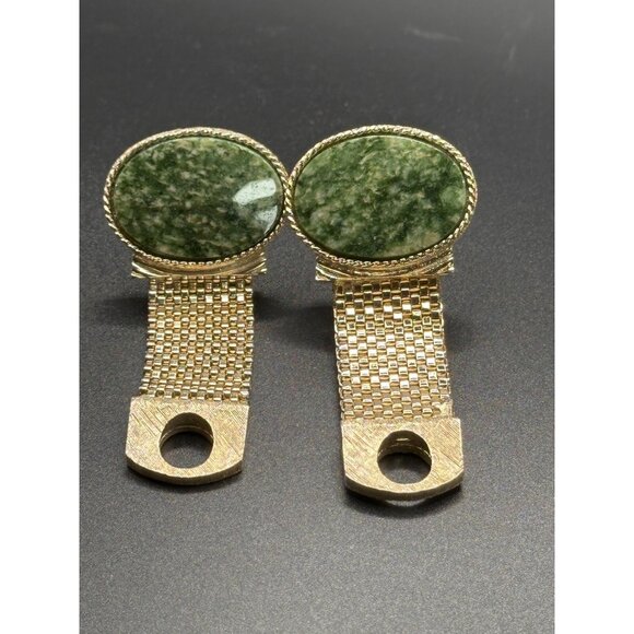 SWANK VINTAGE GREEN JADE CUFFLINKS MESH WRAPAROUND GOLD TONE - Picture 1 of 7